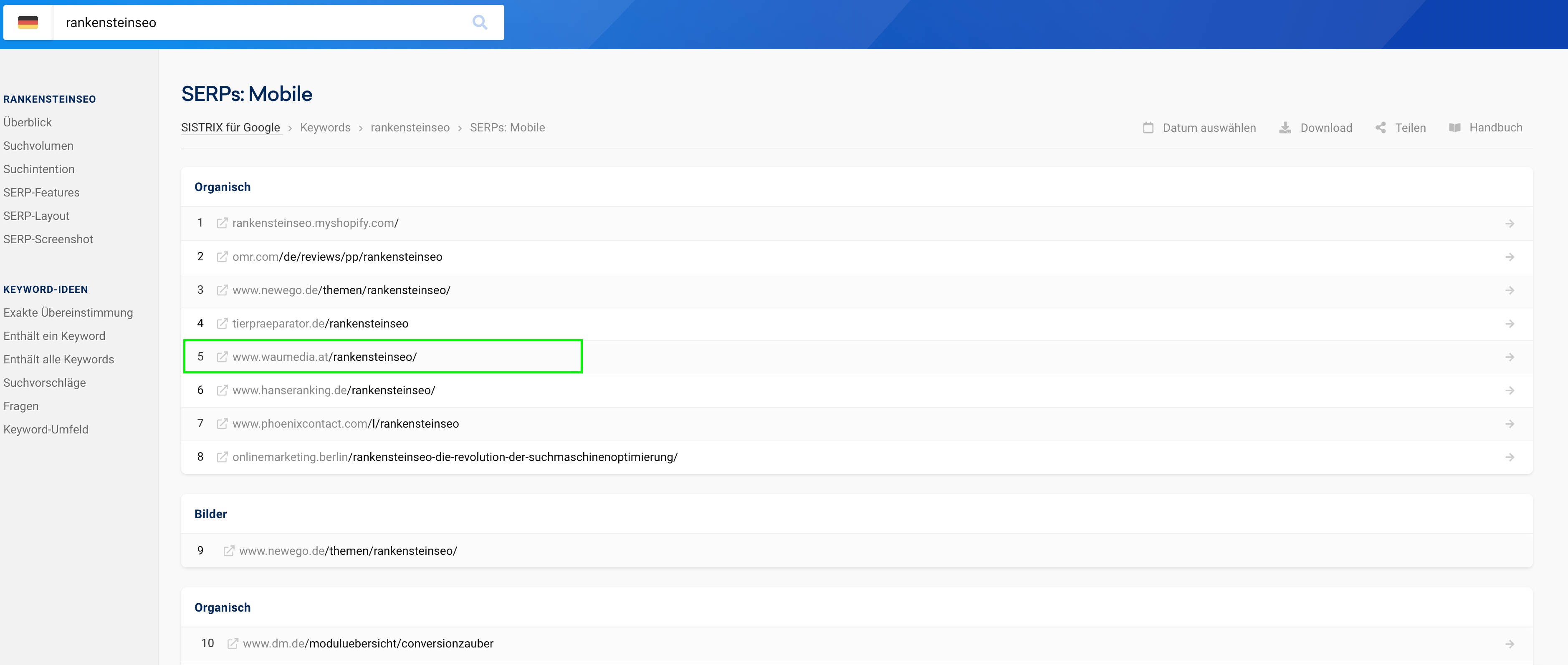 RankensteinSEO Rankings bei Sistrix am 18.04.2024