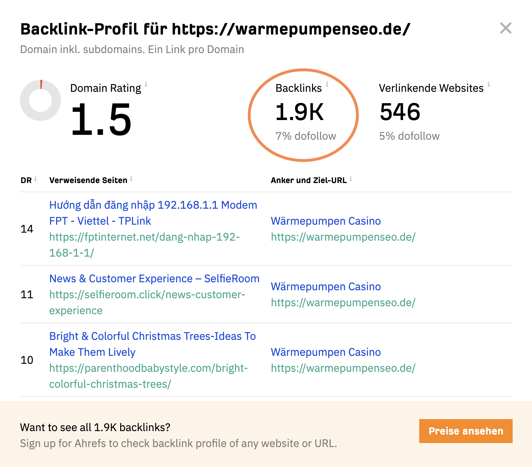 Warmepumpenseo.de mit fast 2000 Backlinks und über 500 verweisenden Webseiten.